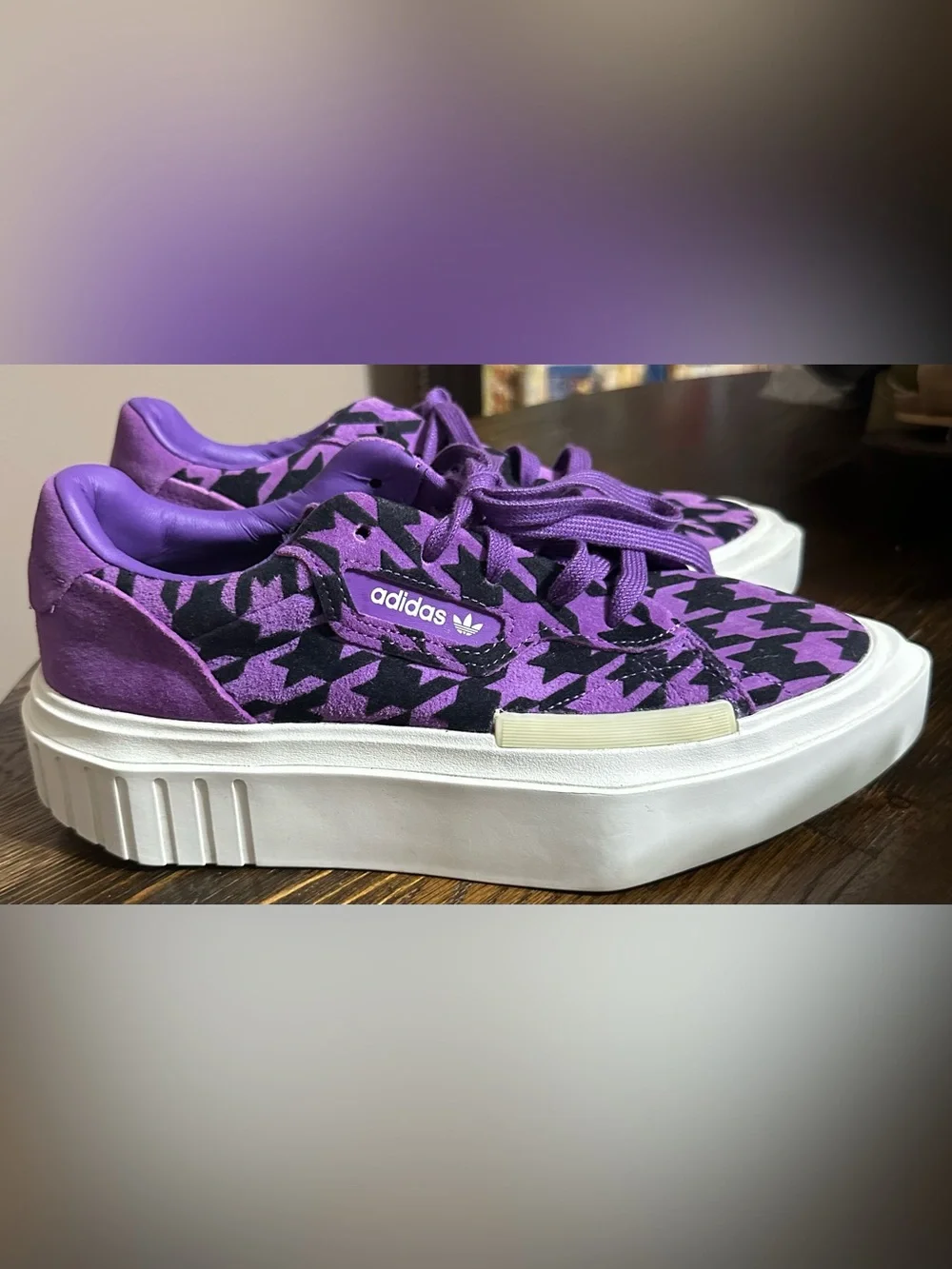 adidas Hypersleek Purple and Black Houndstooth Platform Sneakers